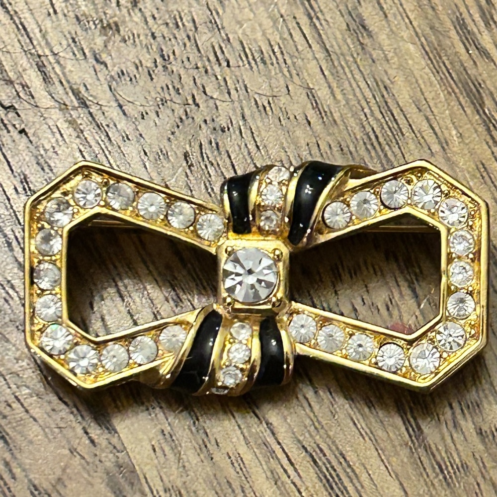 Vintage Rhinestone Black and Gold Bow Swarovski Crystal Pin